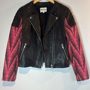 AMERICAN RETRO Kilie Black & pink leather moto jacket size small (EU36)